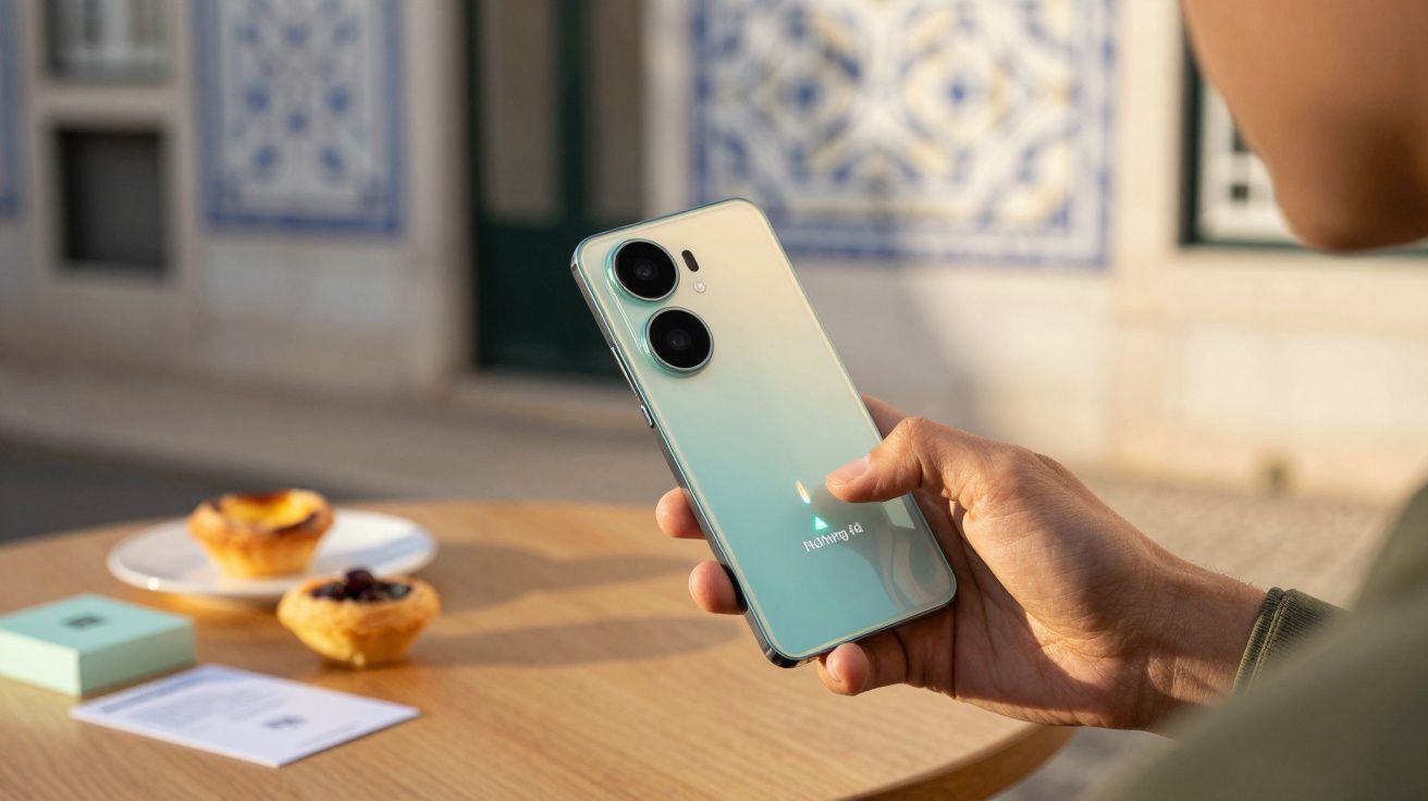 Mão segurando smartphone junto a mesa com pastéis de nata, prédio ao fundo com azulejos.