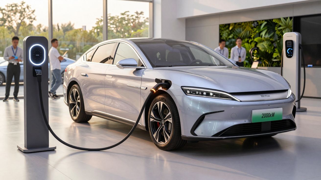 Carro elétrico cinzento a carregar numa estação com pessoas ao fundo numa sala iluminada.