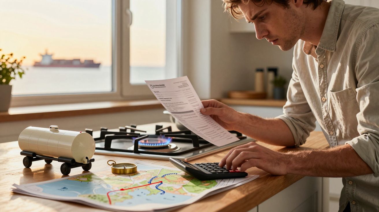 Homem consulta mapas e documentos, usando calculadora, cozinha ao fundo com fogão ligado.