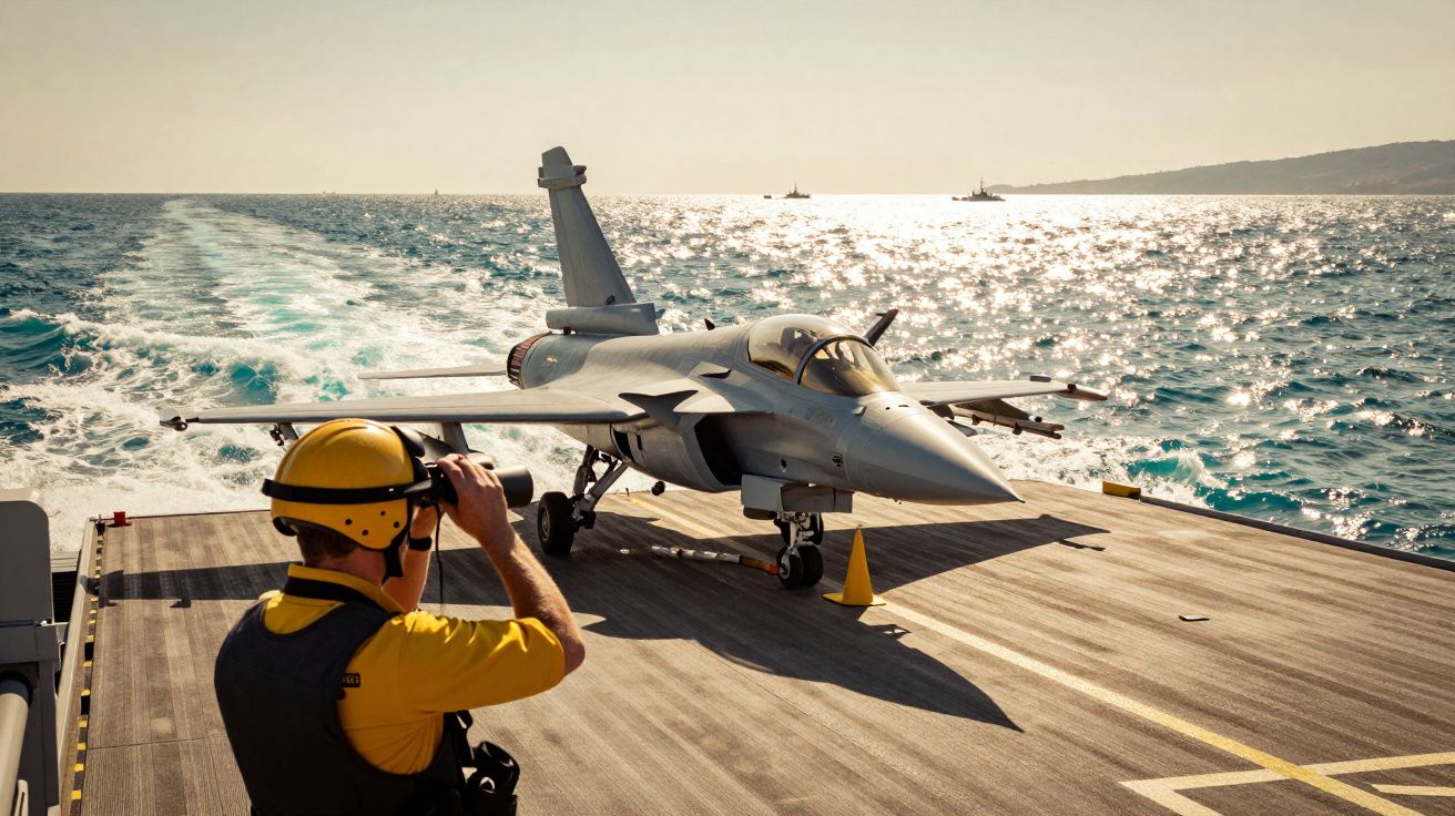 Avião de combate em porta-aviões sobre o mar, com homem observando de capacete e colete, sob céu claro.