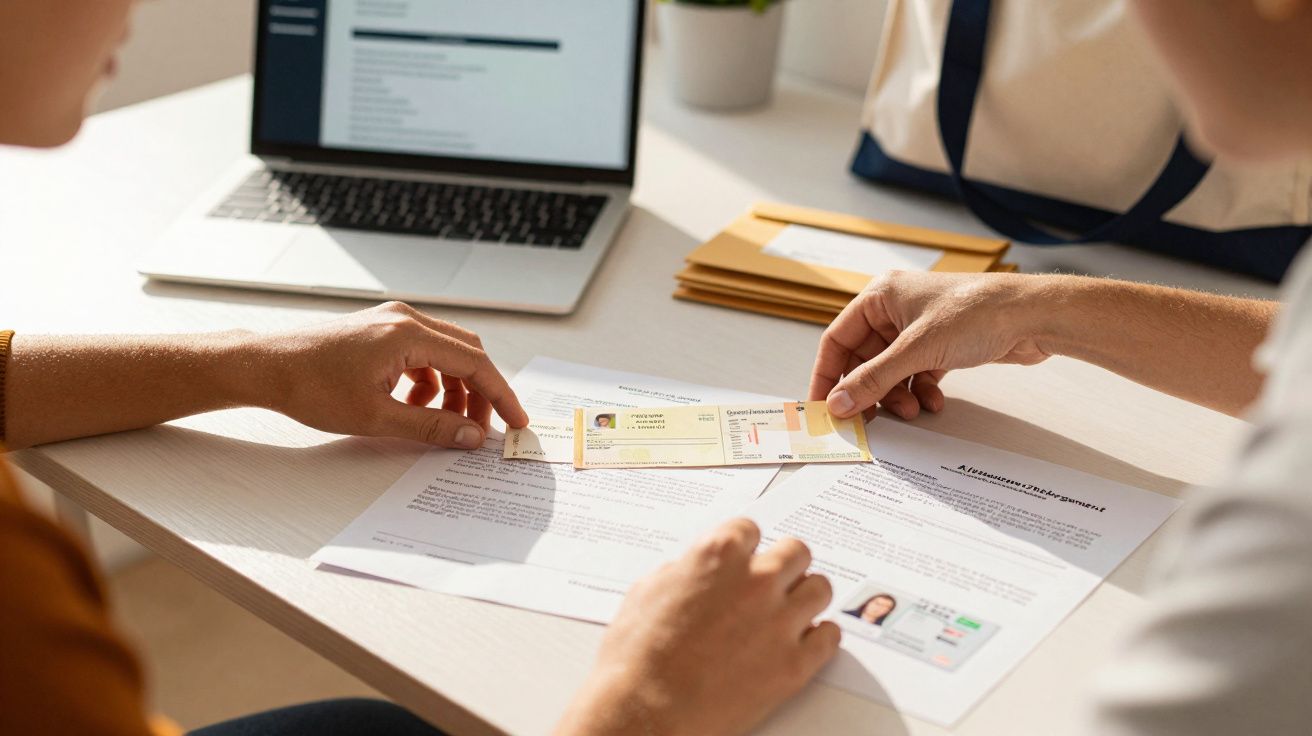Duas pessoas analisam documentos e cartas em uma mesa com um computador portátil ao fundo.