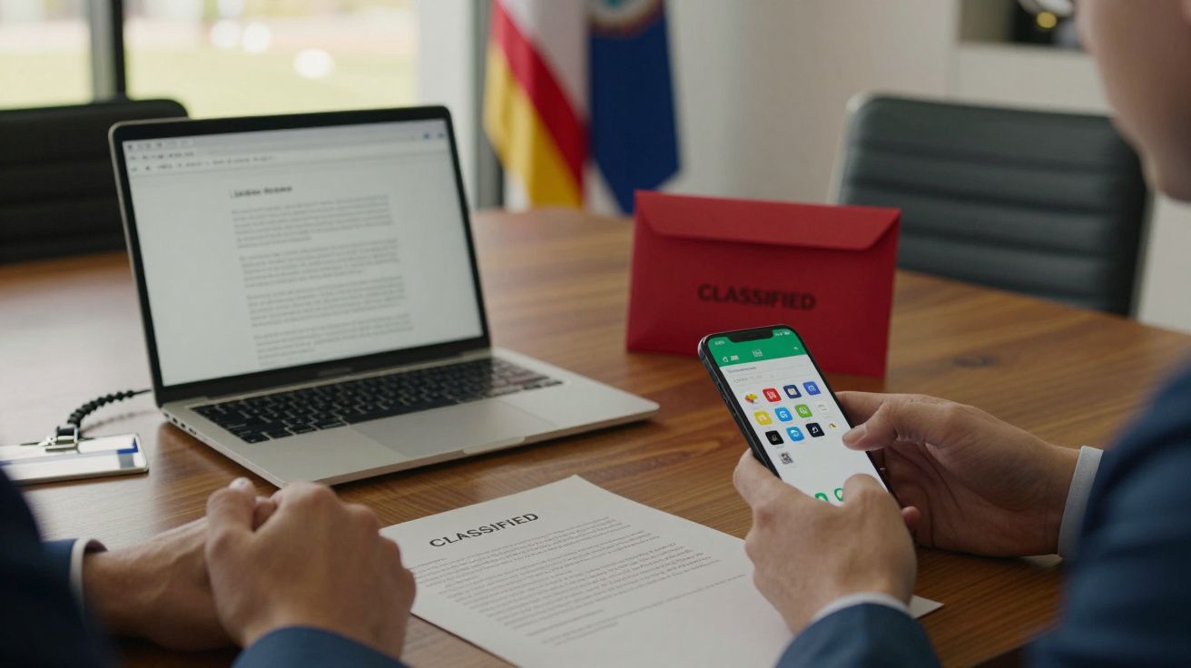 Pessoa segura telemóvel em reunião com portátil, envelope e documentos confidenciais sobre a mesa.