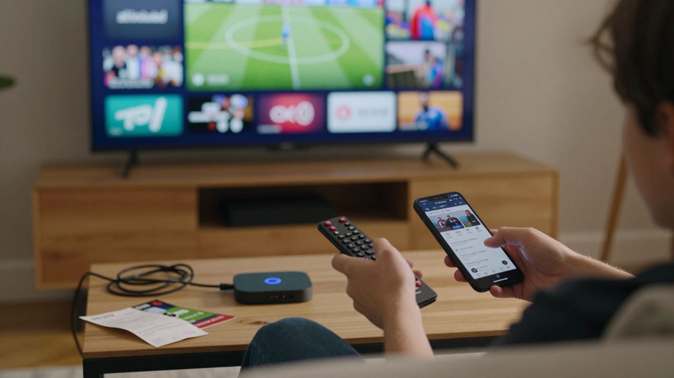 Pessoa no sofá com comando e smartphone, TV ligada mostrando ecrãs de navegação.