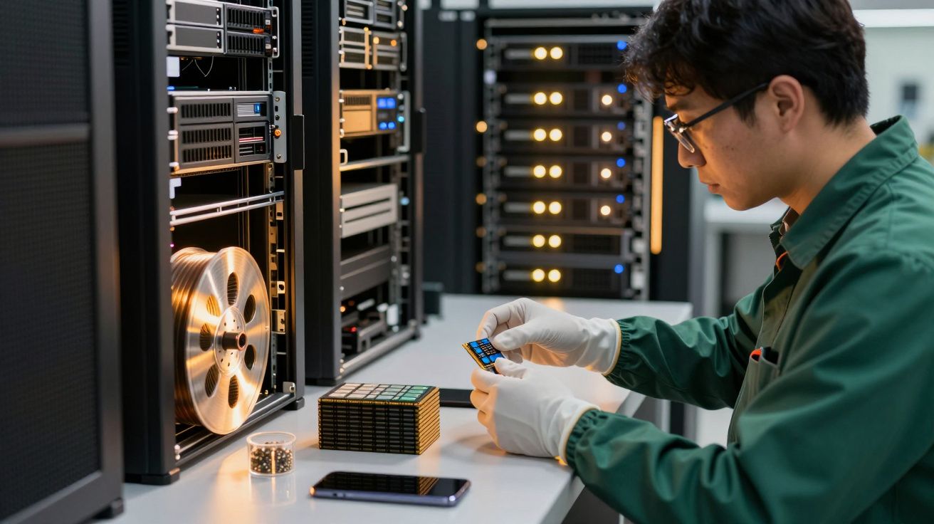 Técnico com luvas analisa cartão de circuito junto a servidores de dados em sala de TI.