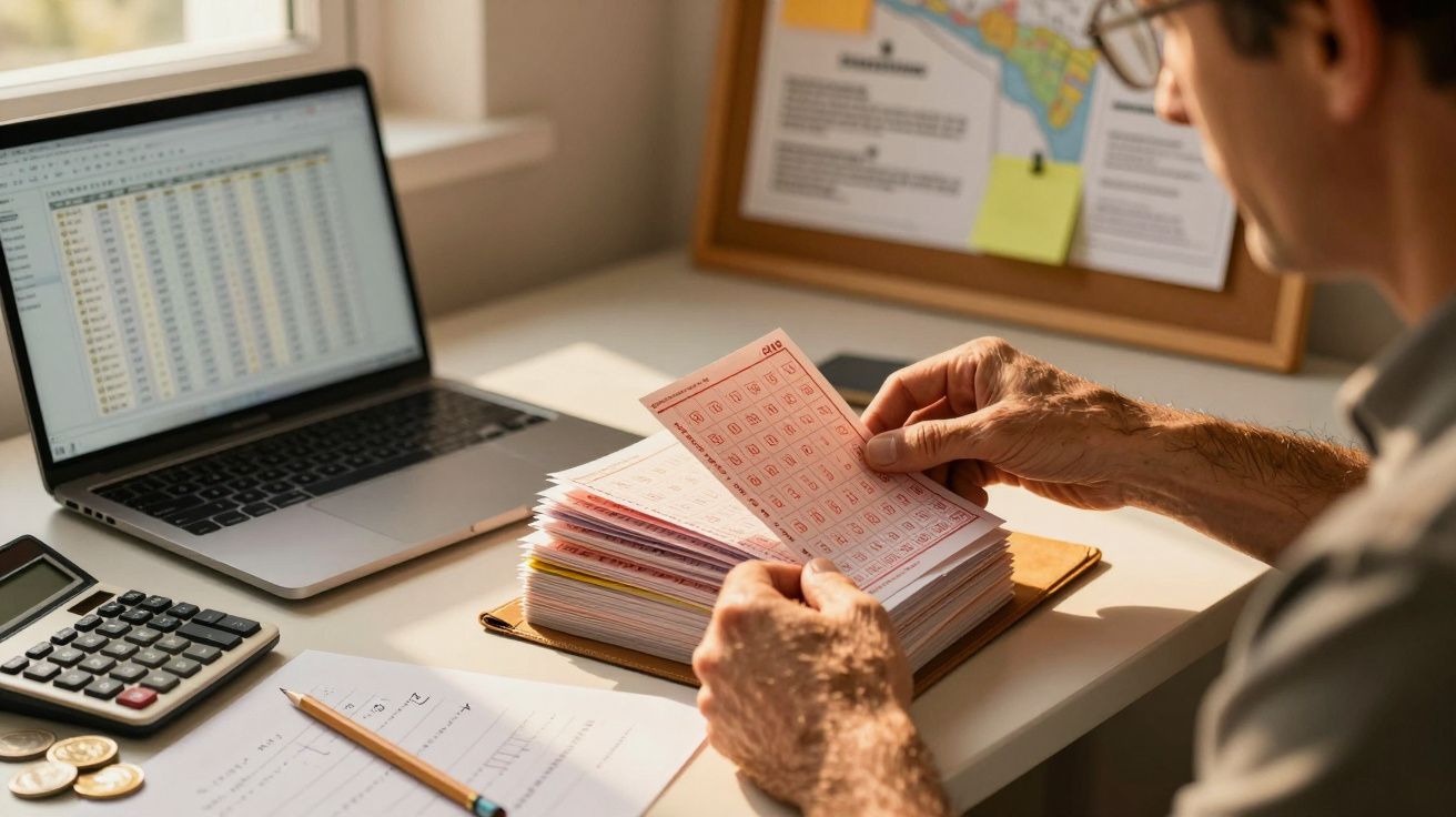 Homem analisando boletins de loteria em secretária com computador, documentos, calculadora e moedas.