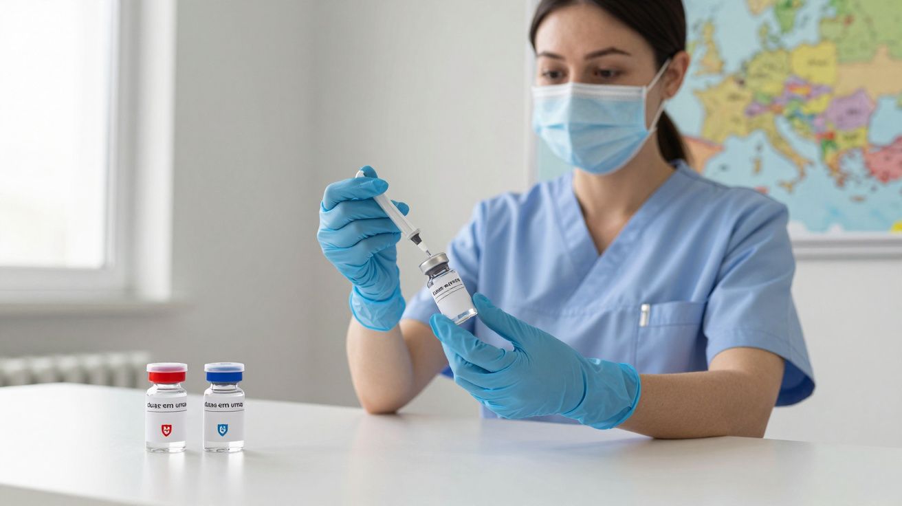 Profissional de saúde prepara vacina em seringa em ambiente clínico com frascos sobre a mesa.