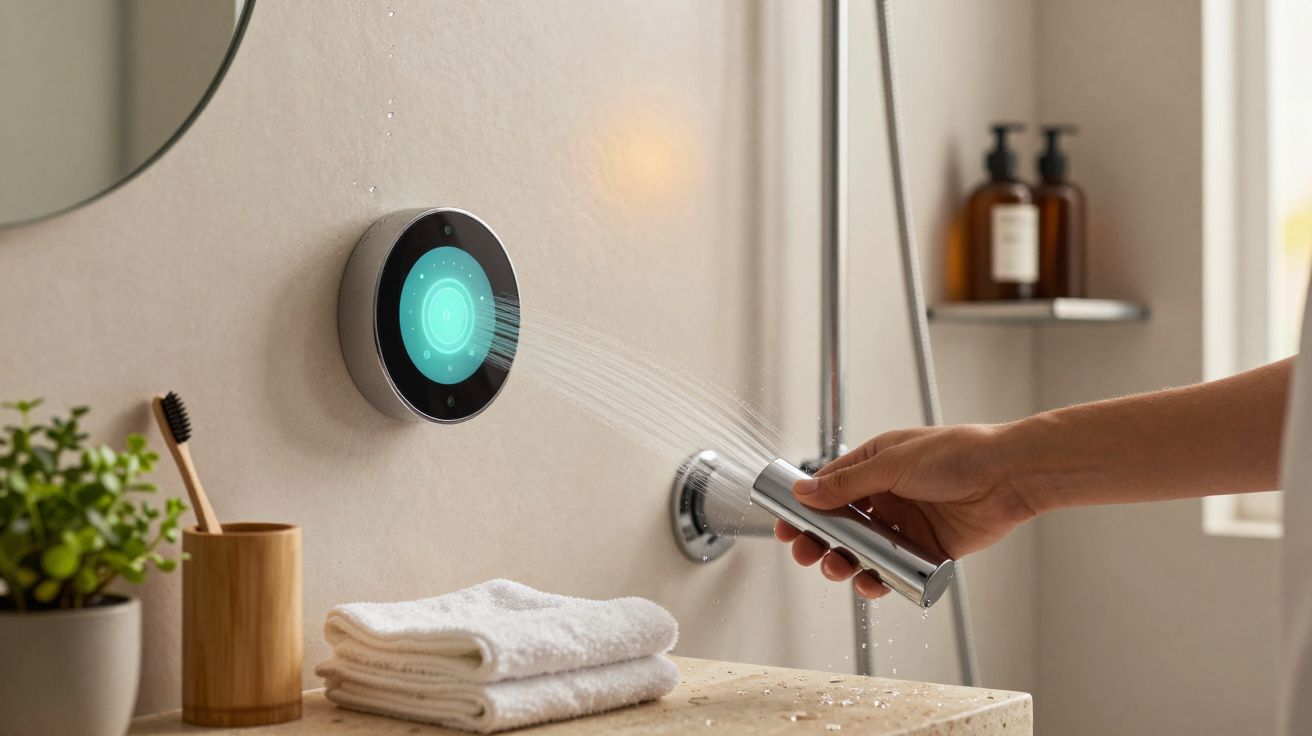 Pessoa ajusta chuveiro moderno com ecrã digital numa casa de banho elegante, ao lado de toalhas e plantas.