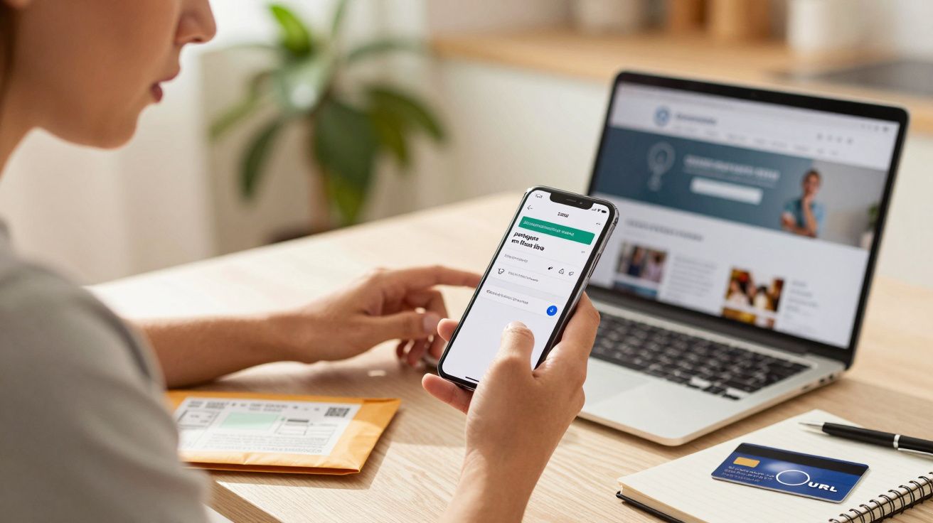 Pessoa utilizando telemóvel e portátil, com cartão de crédito e envelope na mesa.