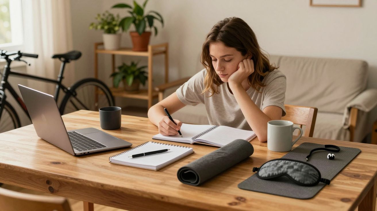 Mulher jovem a estudar numa mesa com portátil, cadernos e chávena, numa sala com plantas e bicicleta ao fundo.