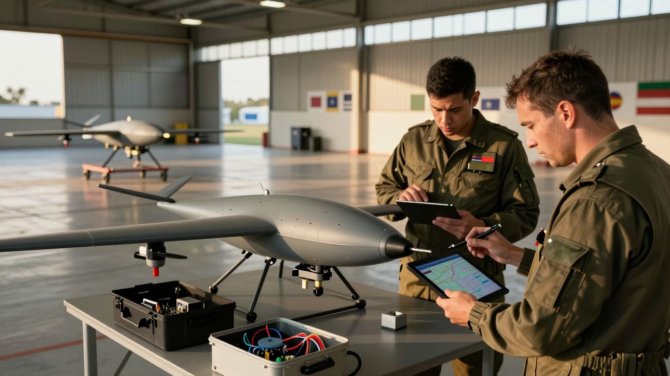 Dois homens em uniforme militar, manipulando drones num hangar, com tablets, ao lado de equipamento técnico.