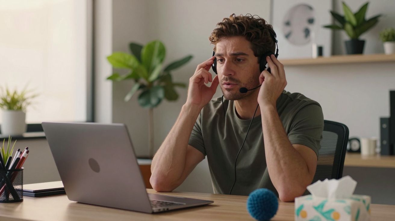 Homem com auscultadores em videochamada, sentado numa secretária com computador portátil e plantas ao fundo.