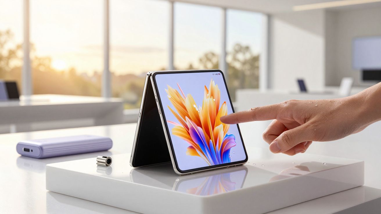 Smartphone dobrável em mesa branca, com ecrã aberto mostrando uma flor colorida; dedo toca no ecrã.