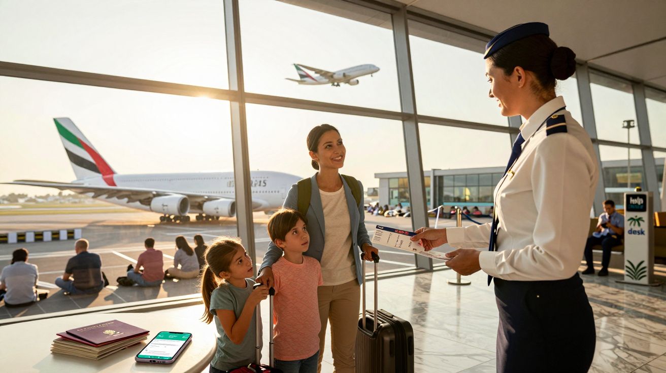 Mãe e filhos no aeroporto falando com funcionária; avião da Emirates ao fundo, passaportes e telemóvel visíveis.
