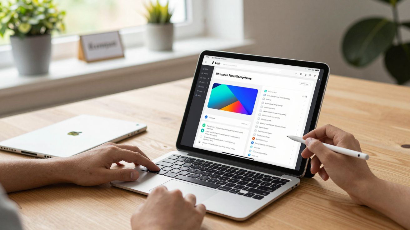 Pessoa a usar tablet com caneta, outra no teclado. Tela mostra interface de aplicação. Plantas ao fundo.