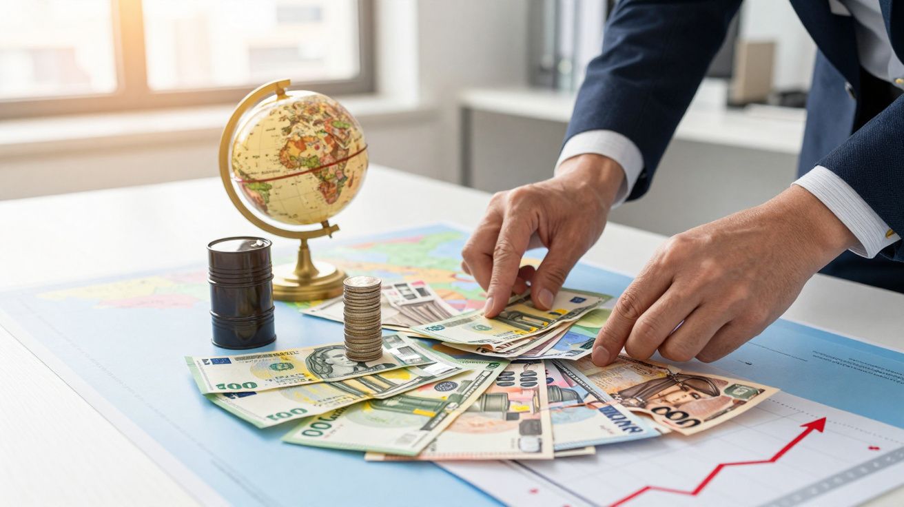 Pessoa organizando notas de dólar e euro sobre mapa com gráfico, globo e pilha de moedas à esquerda.