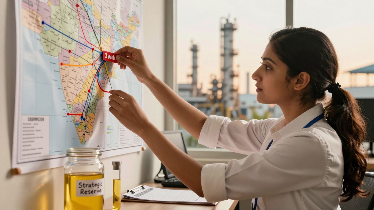 Mulher, numa sala de escritório, aponta para um mapa na parede, com notas, junto a uma janela com vista para indústrias.