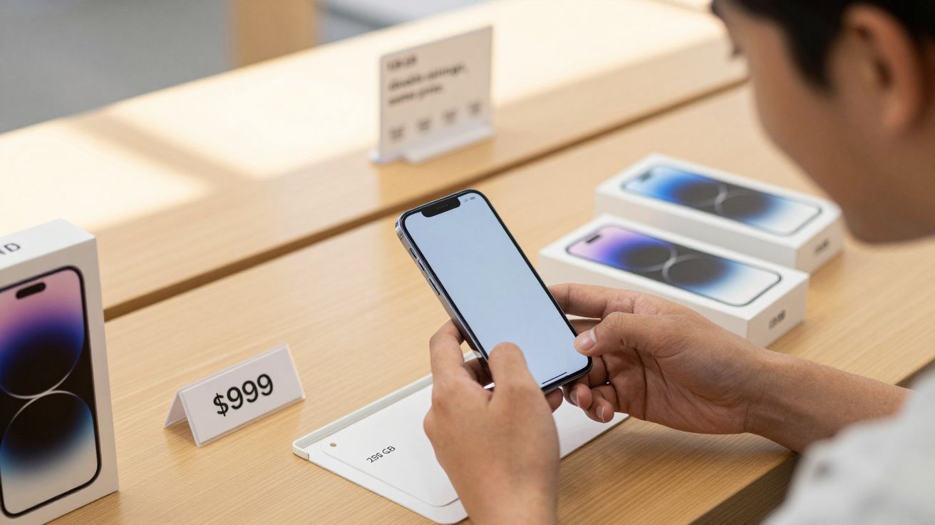 Pessoa segura smartphone em loja, com caixas e preço de $999 em exposição.