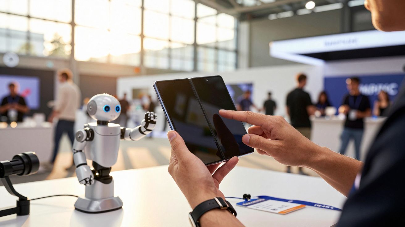 Pessoa a usar smartphone dobrável com robô em miniatura ao fundo em espaço de exposição tecnológica.