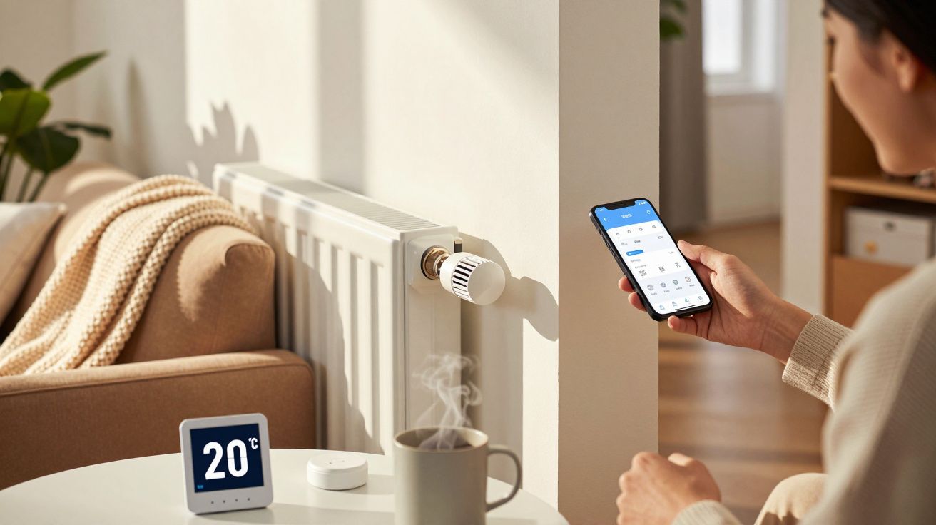 Pessoa ajusta aquecimento inteligente pelo telemóvel, termostato mostra 20°C. Sala acolhedora com sofá e caneca de chá.