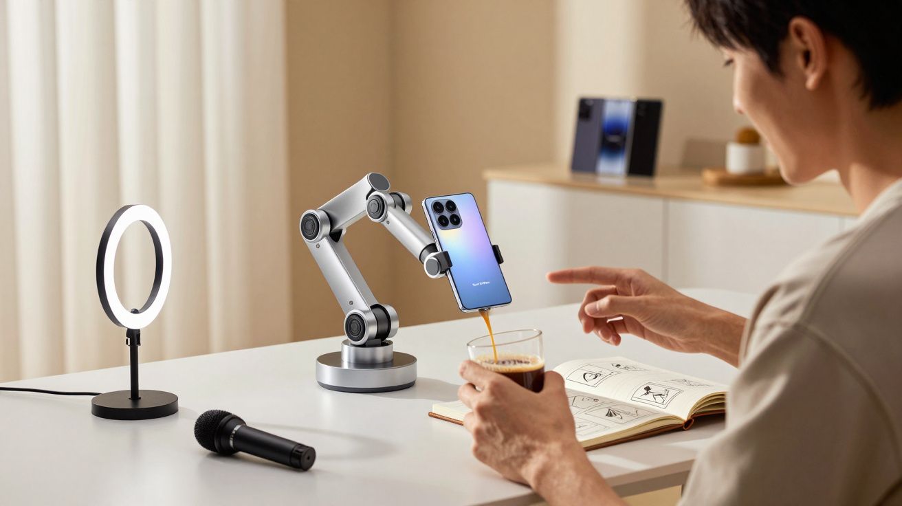 Homem sentado numa secretária interage com smartphone em suporte robótico, com luz de anel e microfone ao lado.