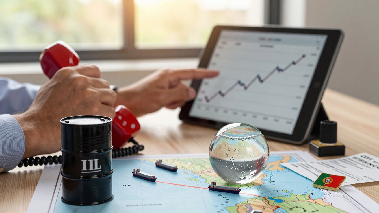 Pessoa aponta gráfico num tablet ao lado de mapa, globo e mini barril de petróleo sobre uma mesa.