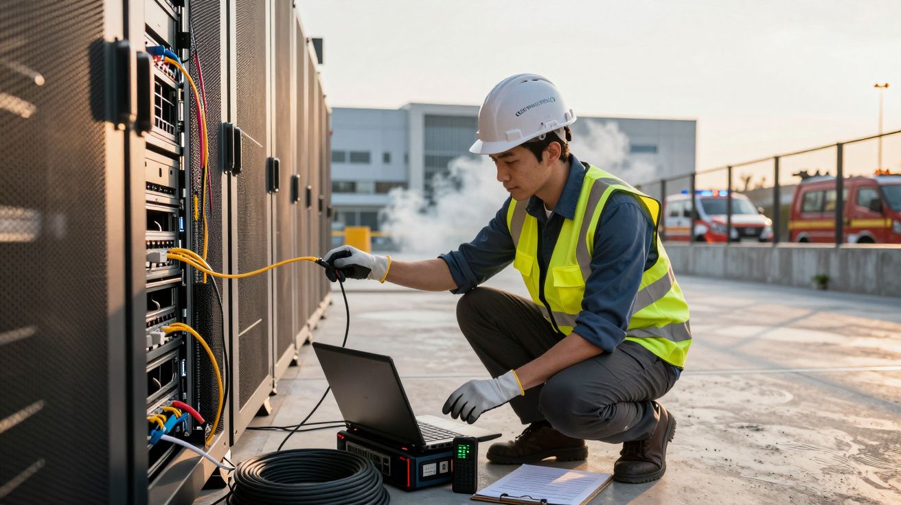 Técnico com colete refletor e capacete verifica cabos em equipamento ao ar livre, utilizando computador portátil.