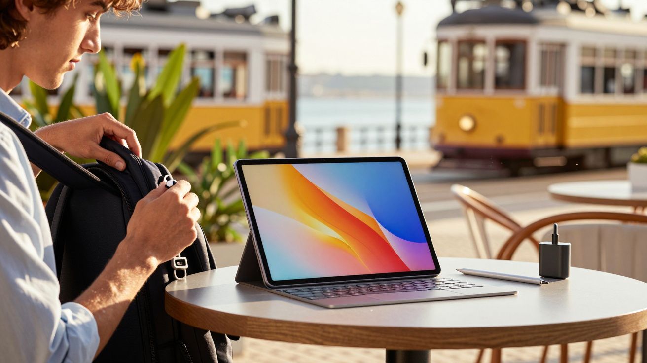 Homem organiza mochila ao lado de um tablet num café ao ar livre, com elétricos antigos ao fundo.