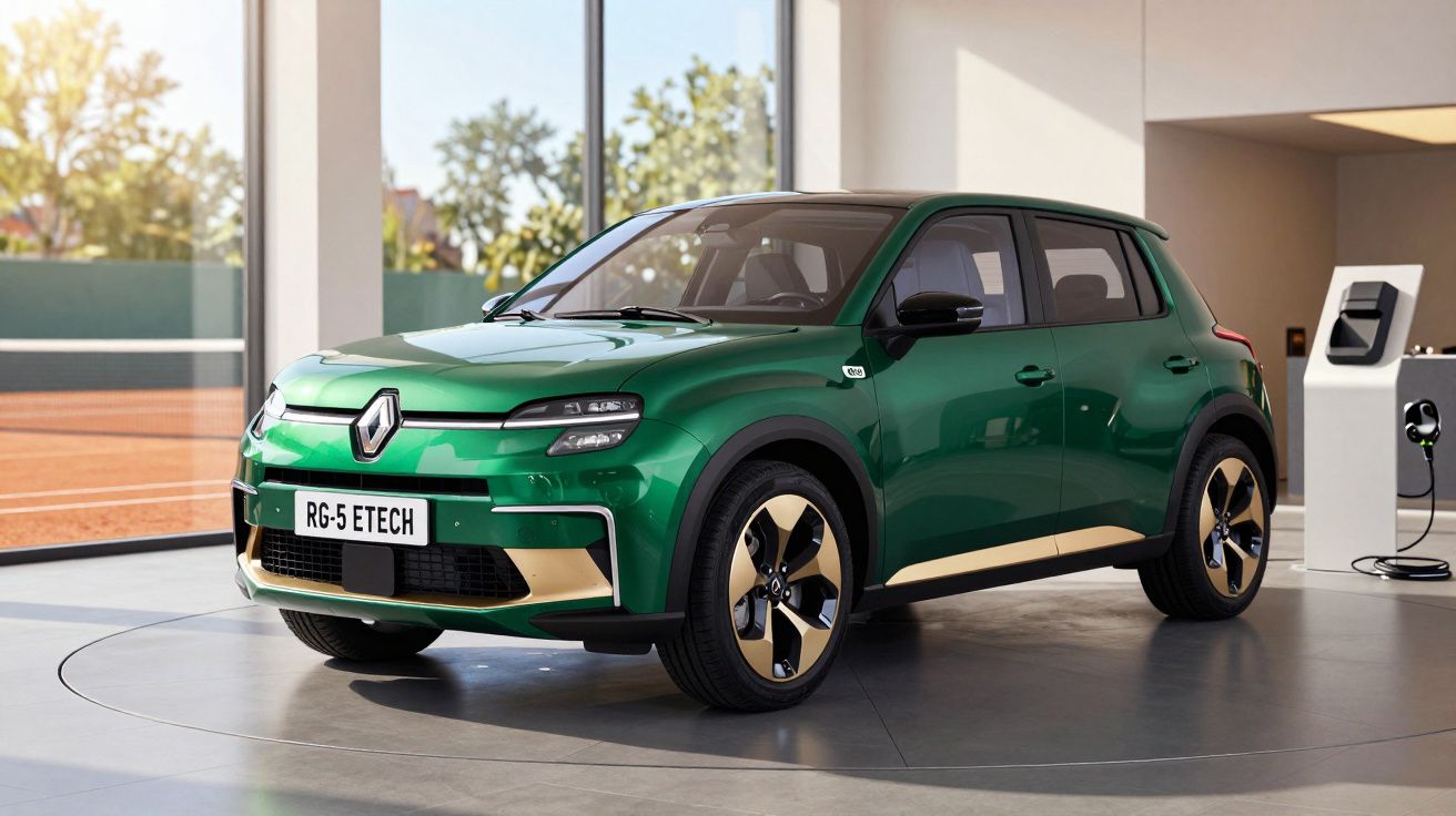 Carro elétrico verde estacionado num showroom moderno com luz natural.