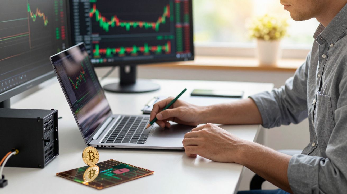 Homem analisa gráficos de criptomoeda num portátil, com uma moeda de Bitcoin em destaque sobre a mesa.