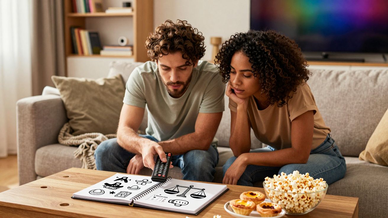 Casal sentado no sofá, a ver um livro com desenhos enquanto come pipocas na sala de estar.