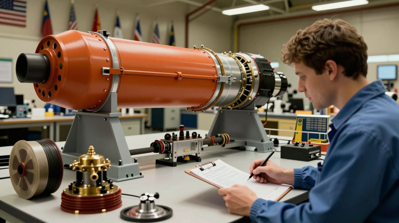 Homem anotando dados ao lado de equipamento científico em laboratório moderno.