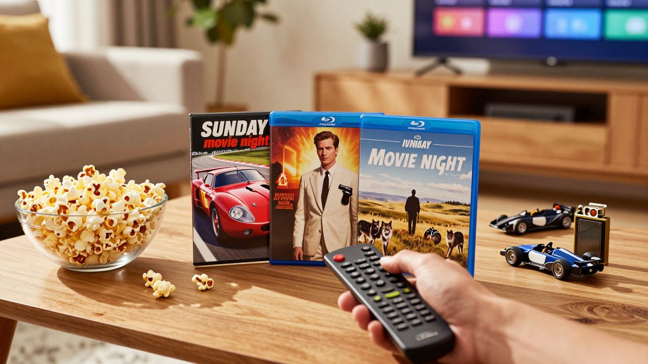 Pessoa segura comando remoto em sala de estar com pipocas, DVDs de filmes e miniaturas de carros sobre a mesa.