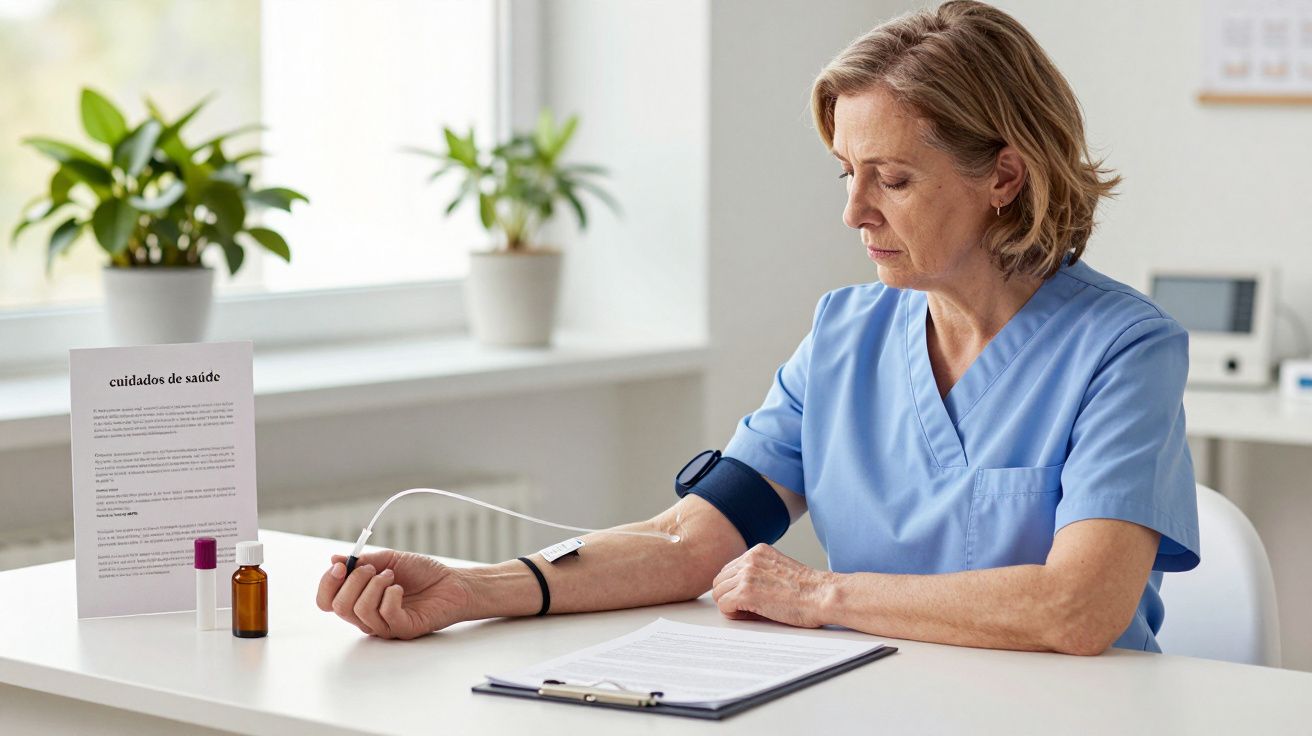 Profissional de saúde em uniforme azul mede a pressão arterial no braço, sentada à mesa com documentos e frascos.