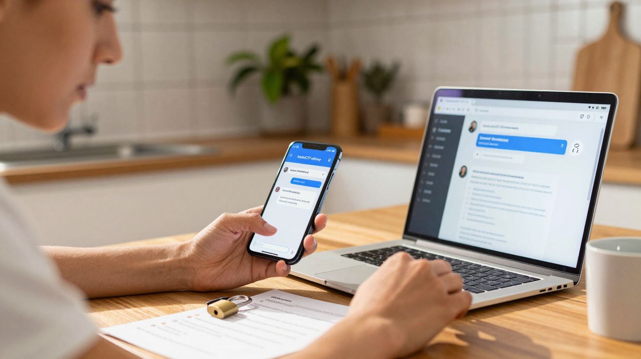 Pessoa a usar um smartphone e um portátil numa cozinha, verificando mensagens em ambos os dispositivos.