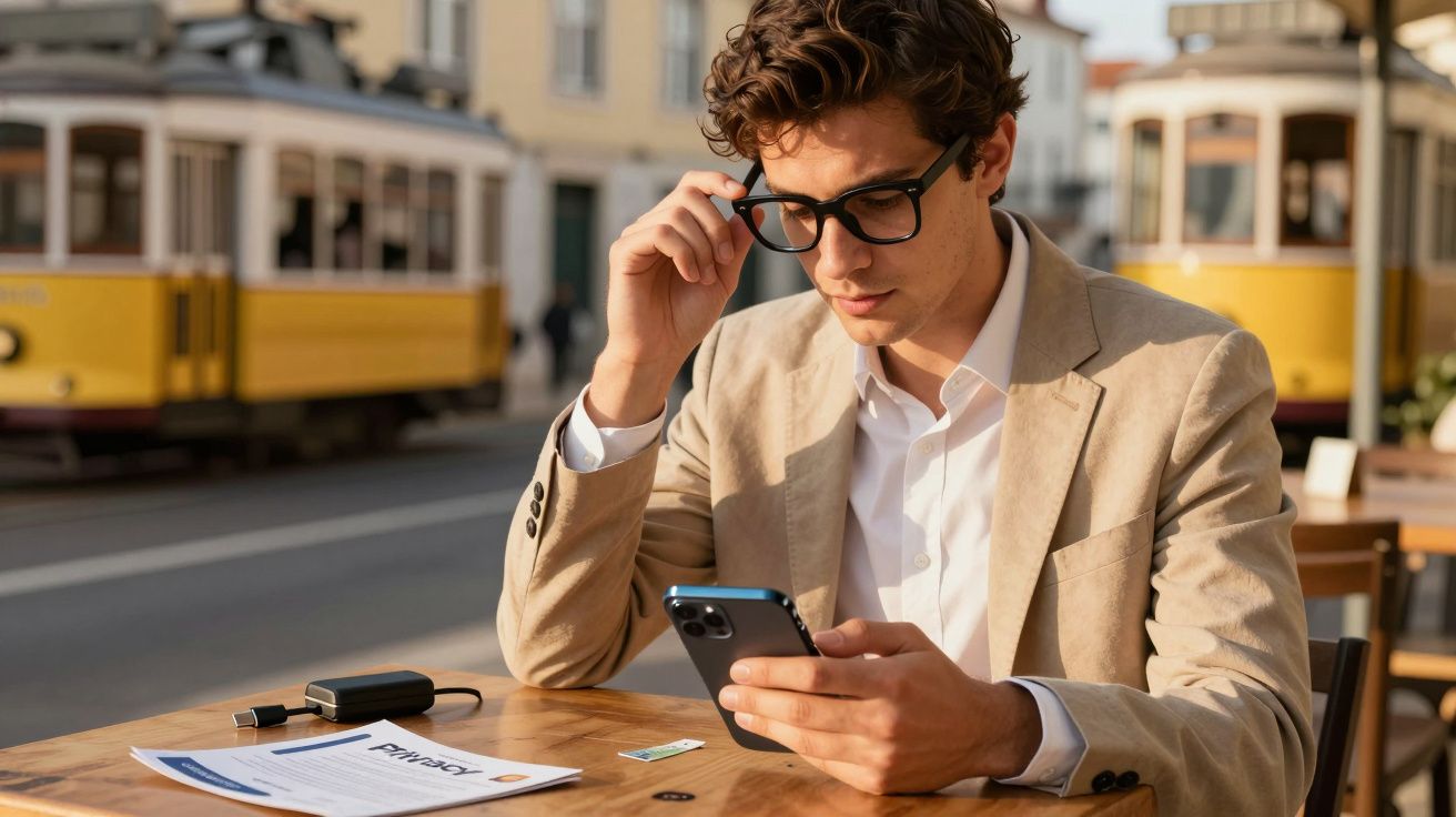 Homem com óculos sentado num café ao ar livre, olhando para o telemóvel, elétrico amarelo ao fundo.
