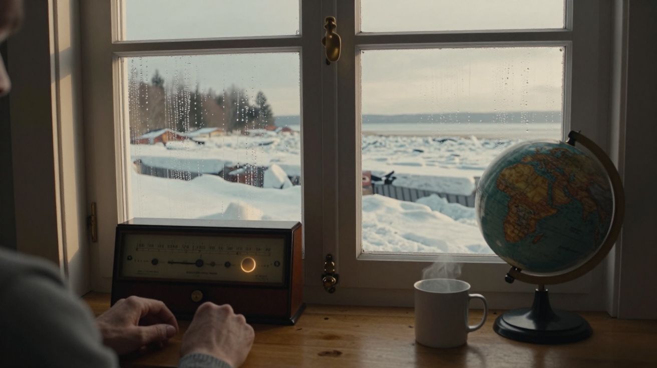 Pessoa ajusta rádio junto a janela. Neva lá fora. Globo e chá fumegante sobre a mesa.
