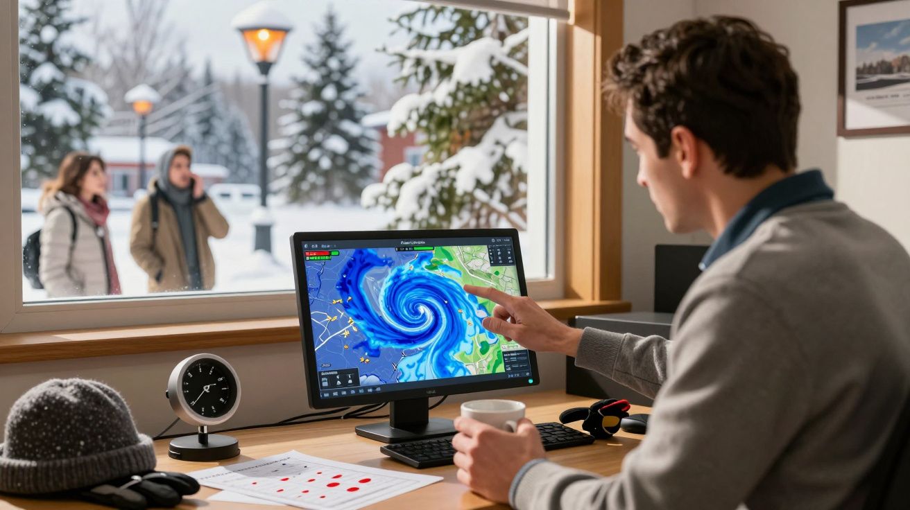 Homem apontando para ecrã com mapa de tempestade, sentado à mesa junto a janela com neve do lado de fora.