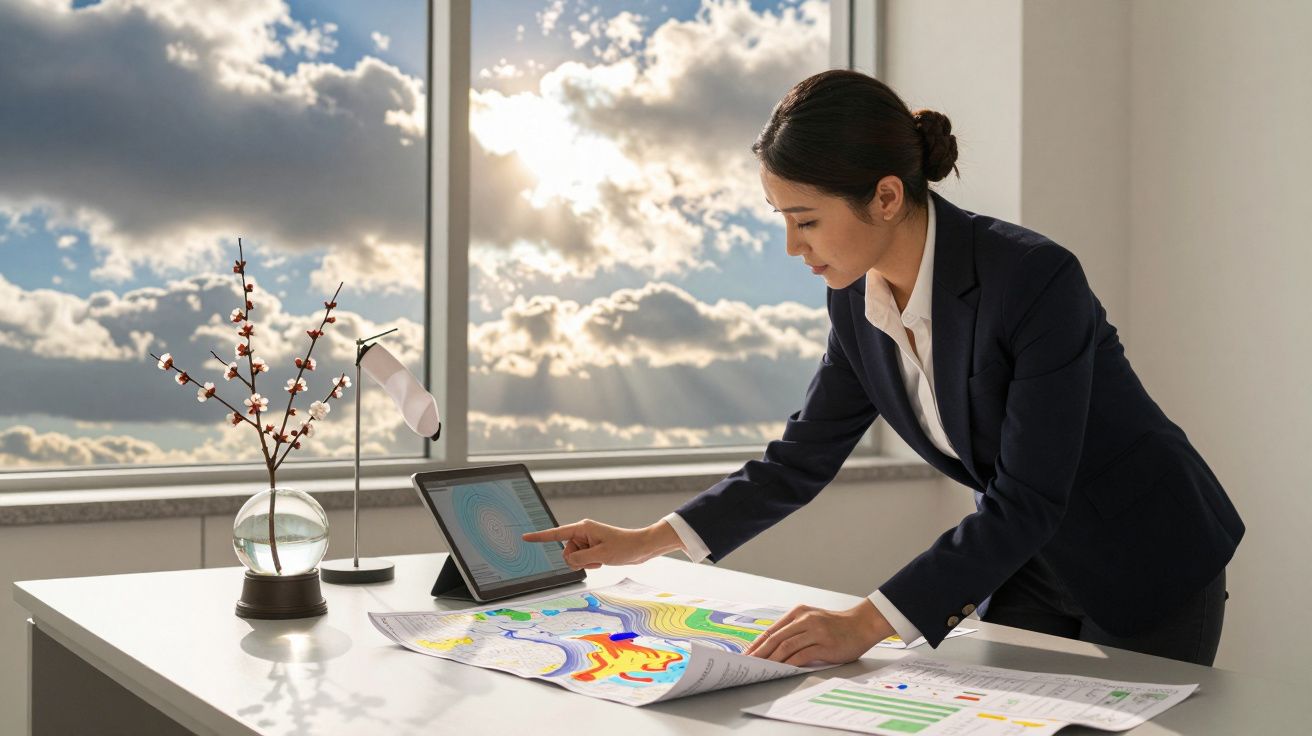 Mulher de fato analisa mapas e gráficos em tablet e mesa, janela com nuvens ao fundo.
