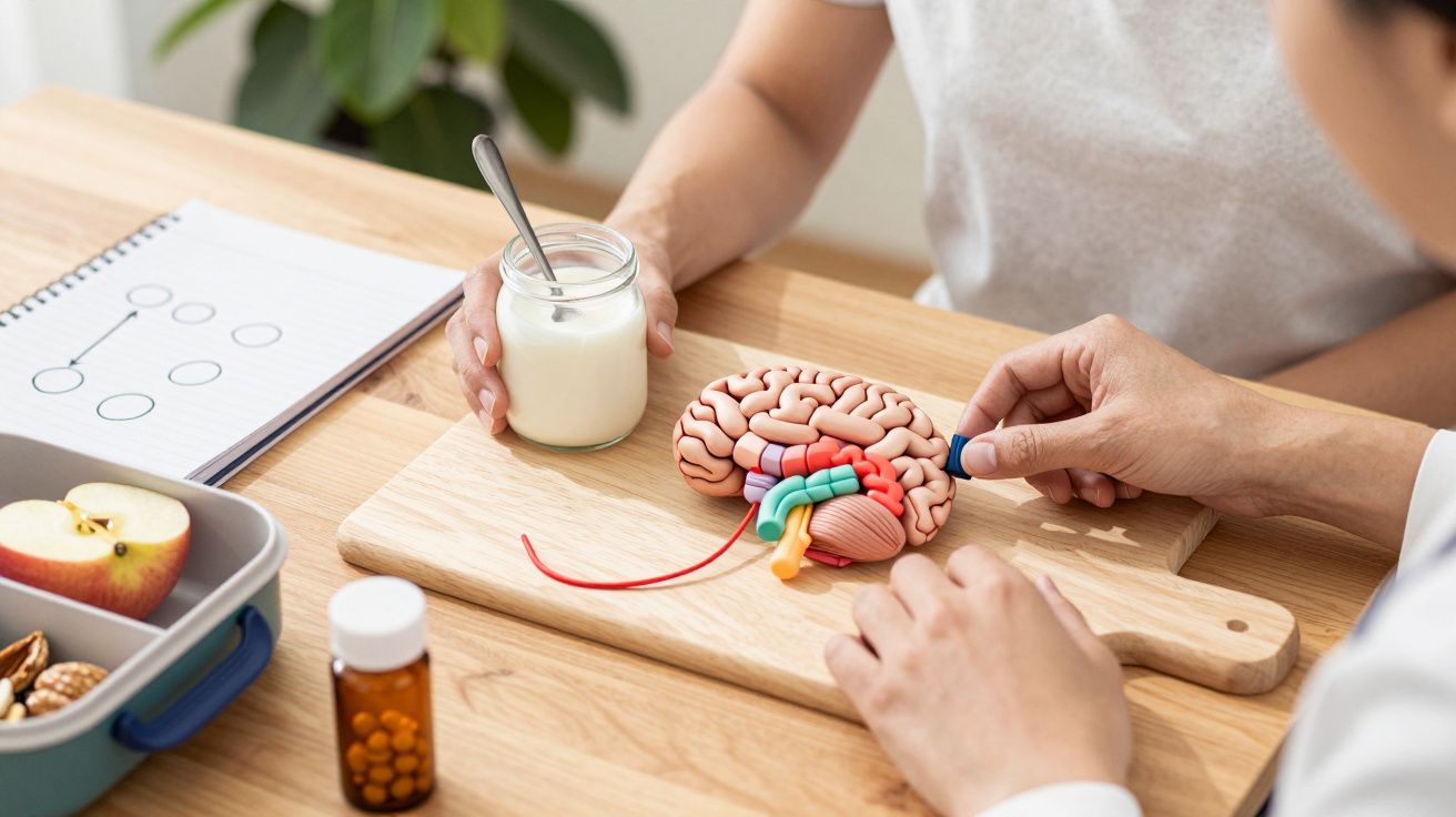 Duas pessoas interagem com um modelo de cérebro em cima de uma tábua, ao lado de iogurte e bloco de notas.