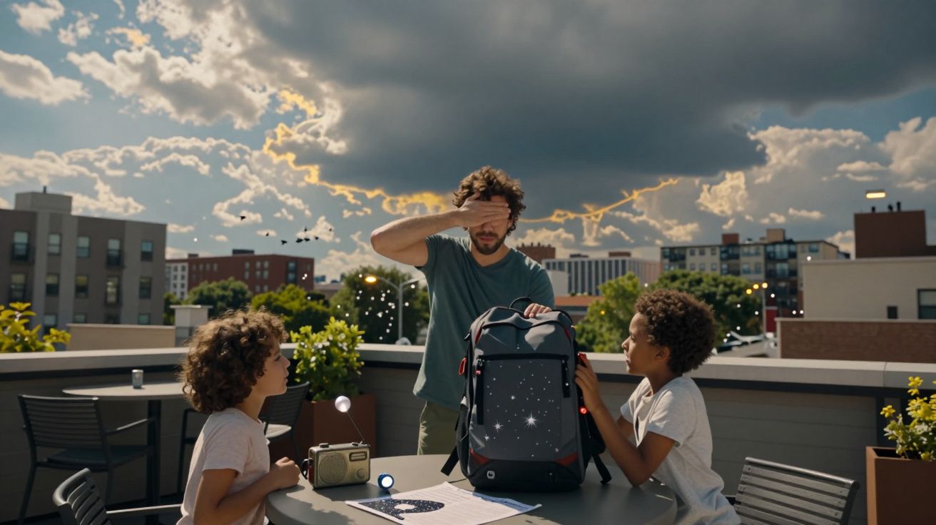 Homem tapando os olhos e duas crianças com uma mochila numa varanda urbana, céu nublado dramático ao fundo.