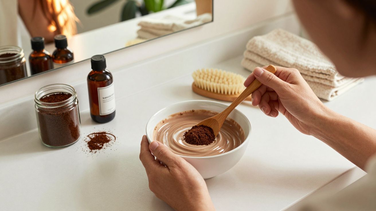 Pessoa misturando pó de café em creme numa tigela com colher de madeira, ao lado de frascos e toalhas.