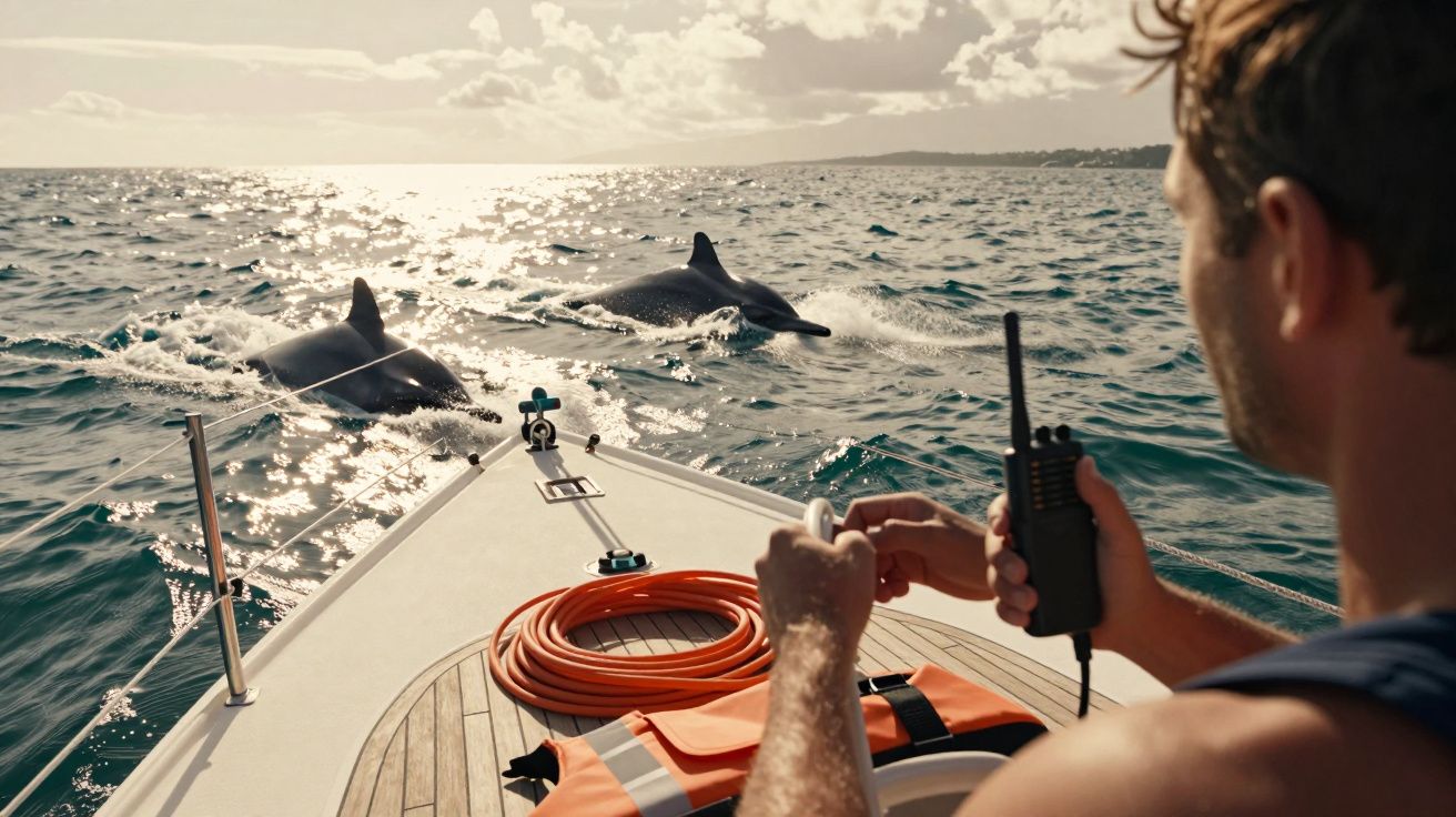Homem num barco observa golfinhos a nadar no mar.