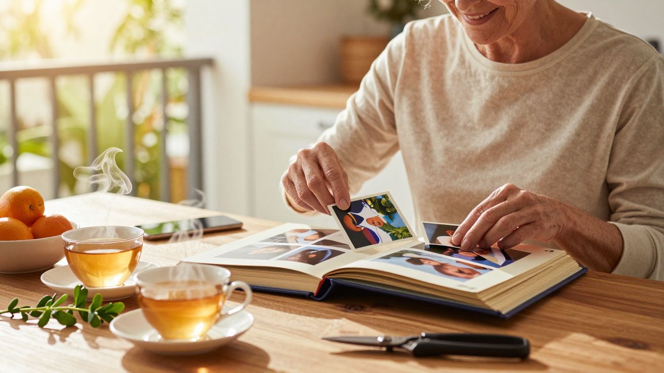 Pessoa idosa aprecia fotos num álbum à mesa, com chá e laranjas ao lado.