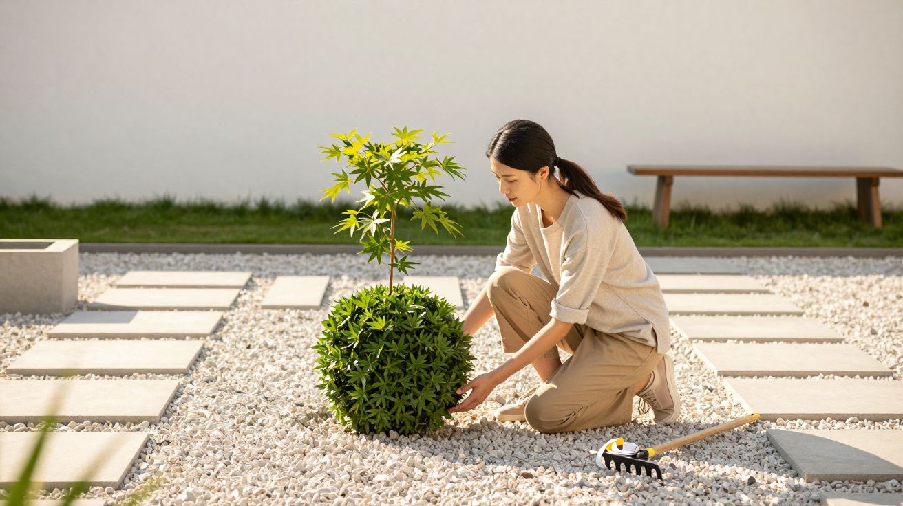 Mulher a cuidar de planta em jardim japonês minimalista, com seixos brancos e caminho de pedras.