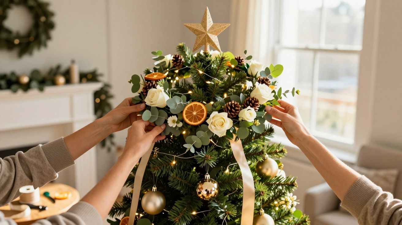 Mãos decoram uma árvore de Natal com flores, laranjas secas e pinhas, sob uma estrela dourada no topo.