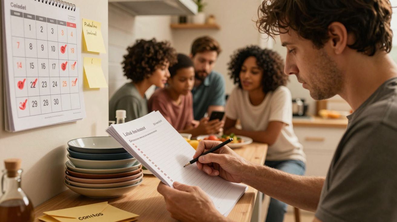 Homem escreve em lista numa cozinha, enquanto quatro pessoas ao fundo conversam e olham para um telemóvel.