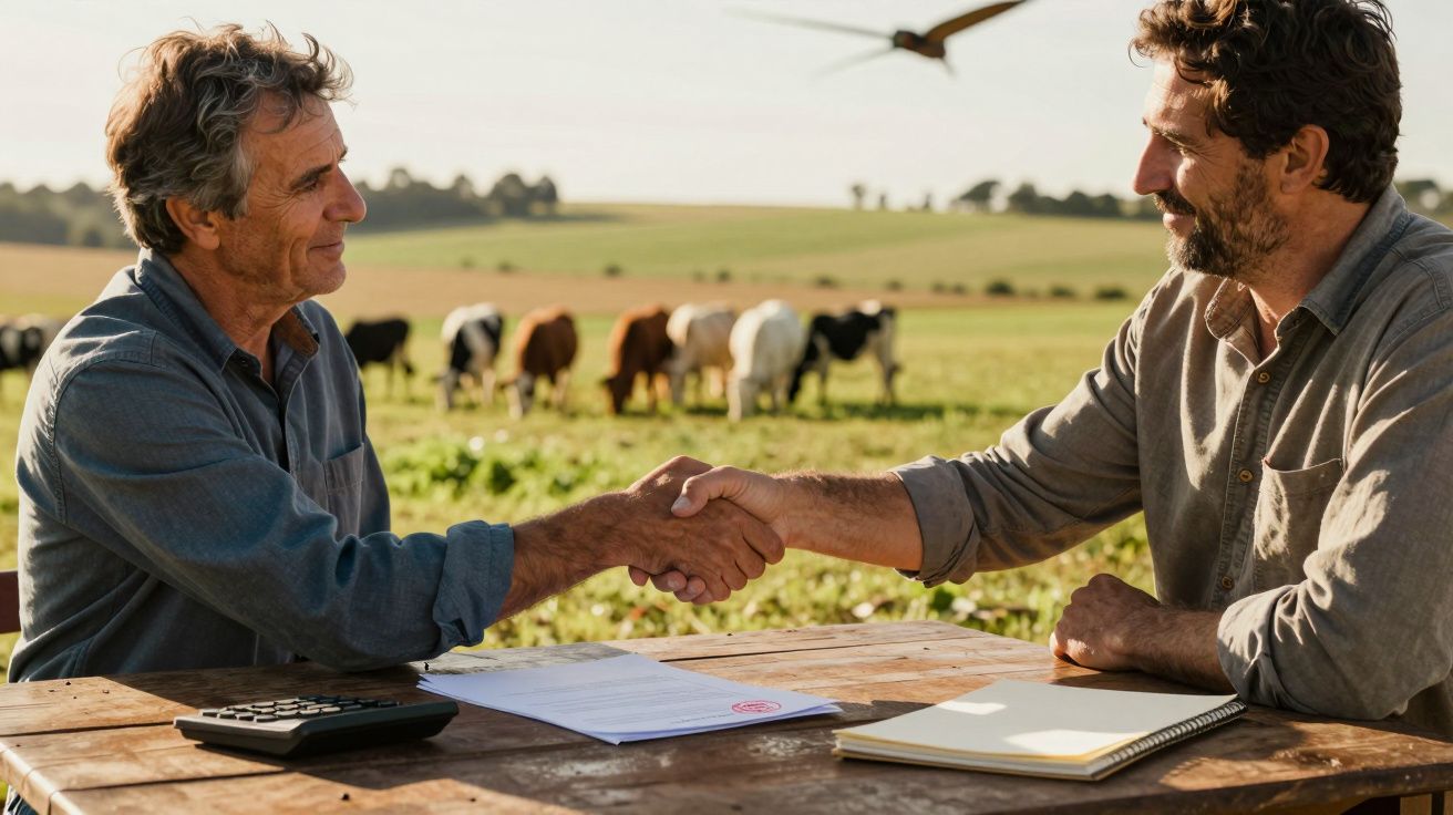 Dois homens apertam as mãos sobre uma mesa numa quinta, com vacas ao fundo.