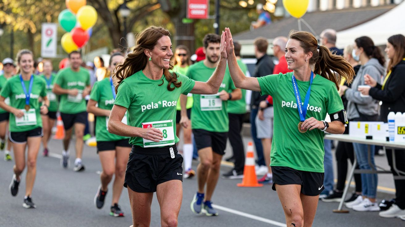 Duas mulheres dão um high-five em corrida de rua, vestindo camisolas verdes com "pela Rose".