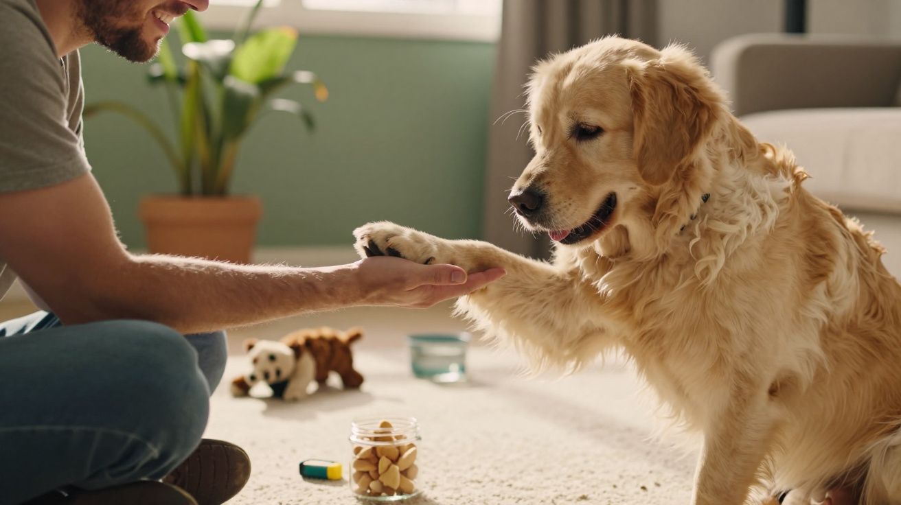 Cão dourado dá a pata a um homem numa sala, com brinquedos e um frasco de biscoitos no chão.