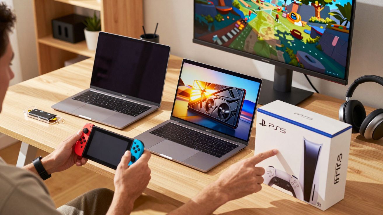 Homem segura consola portátil em frente a dois portáteis e monitor com jogo. Caixa de PS5 na mesa.